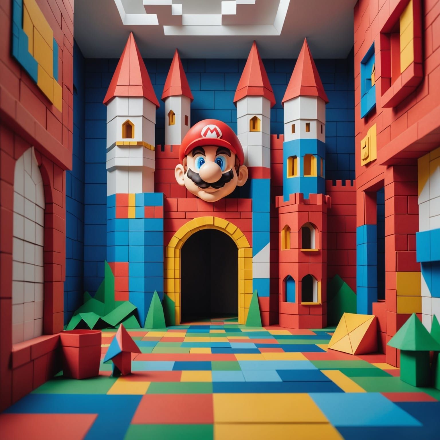Mario Castle Scene in Cubist Origami Style