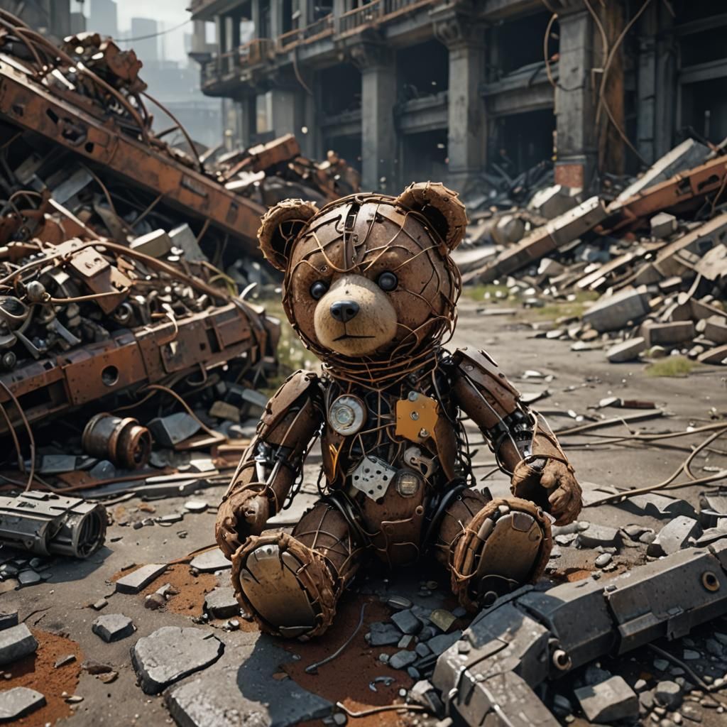 Post-Apocalyptic Android Teddy Bear in Ruins