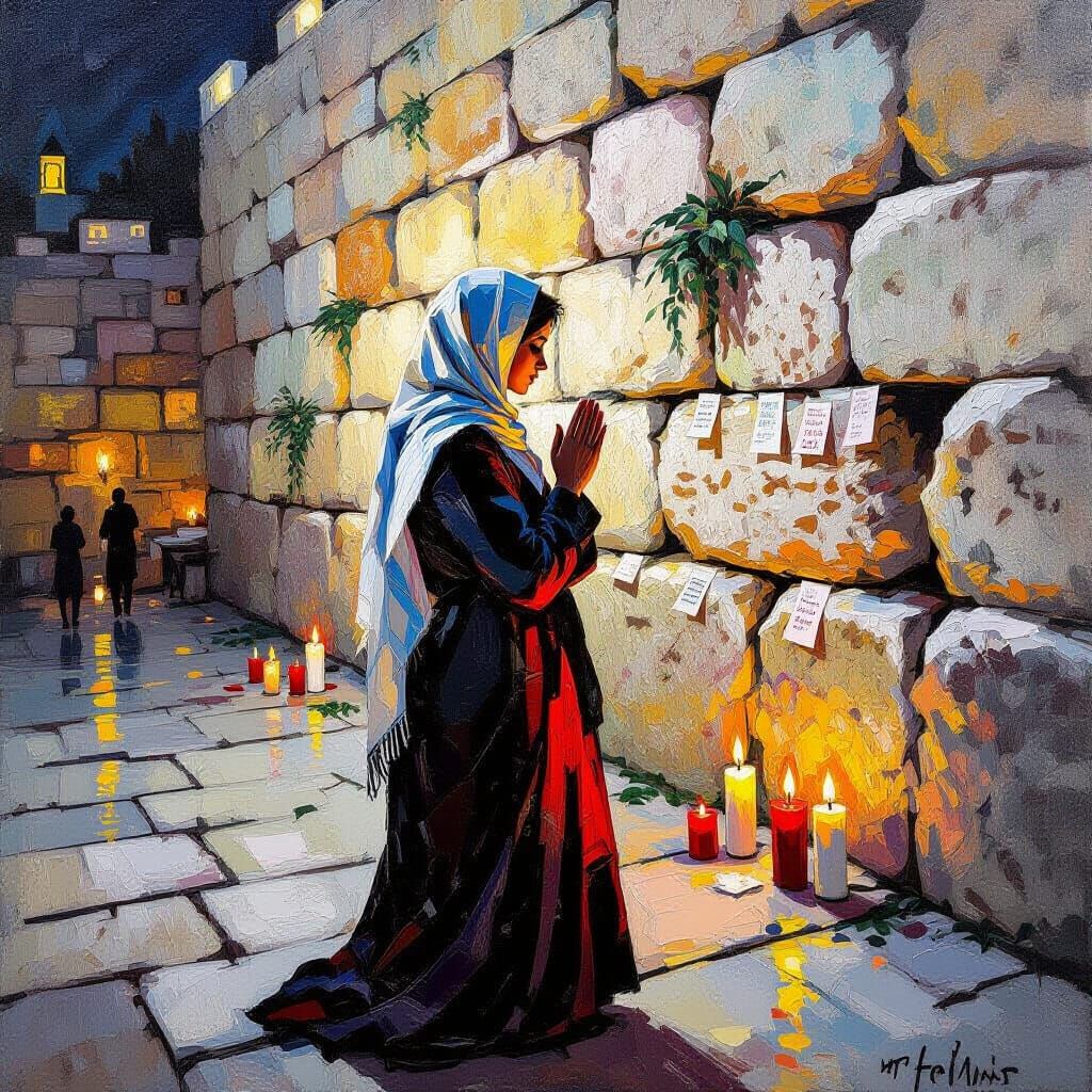 Impasto Oil Painting of Western Wall at Night with Candles