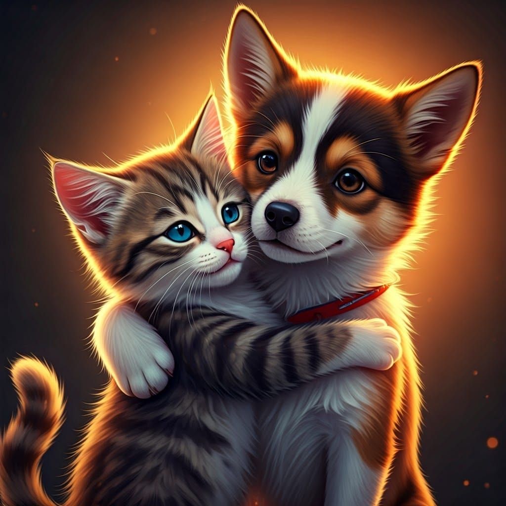 Kitten and Dog Hug in 3D Anime Style