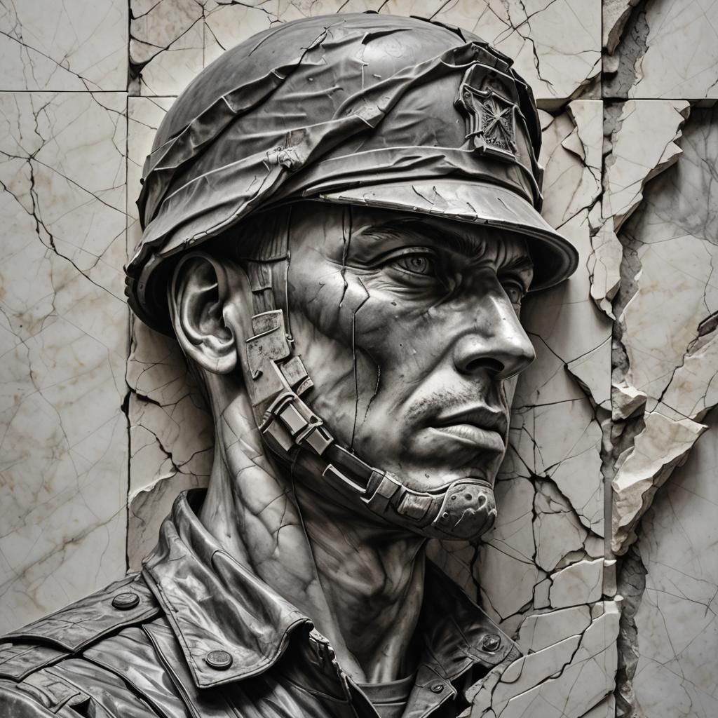 Hyperdetailed Charcoal Sculpture of Soldier Emerging From Ma...