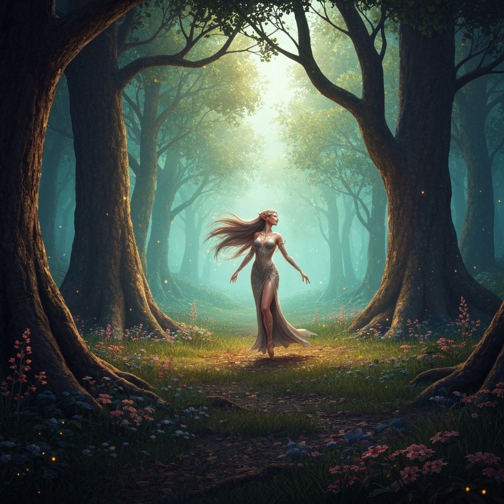 Ethereal Elf Dance in Moonlit Forest, Art Nouveau Style