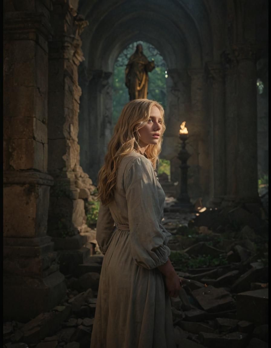 Woman in Church Ruins: Hyper-Realistic Concept Art