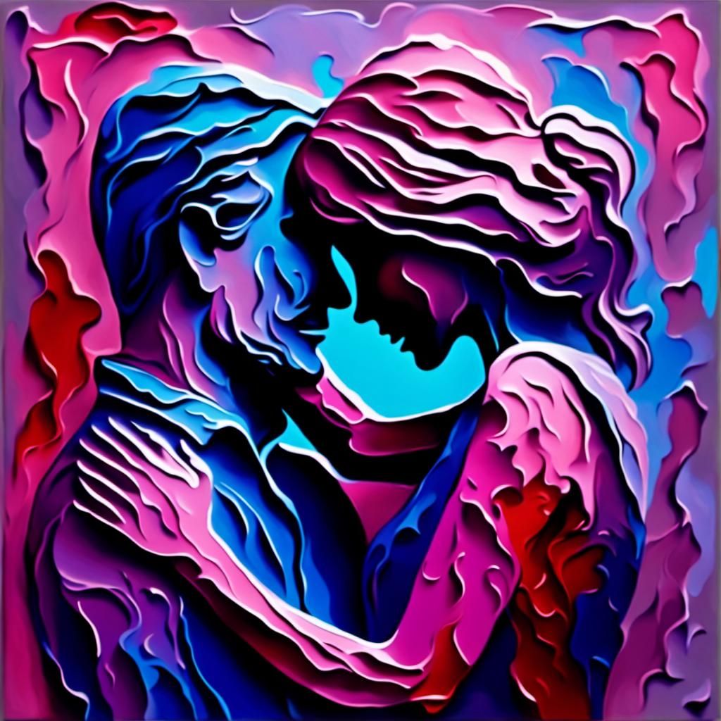 Impasto Painting of Embracing Couple in Colorful Silhouette