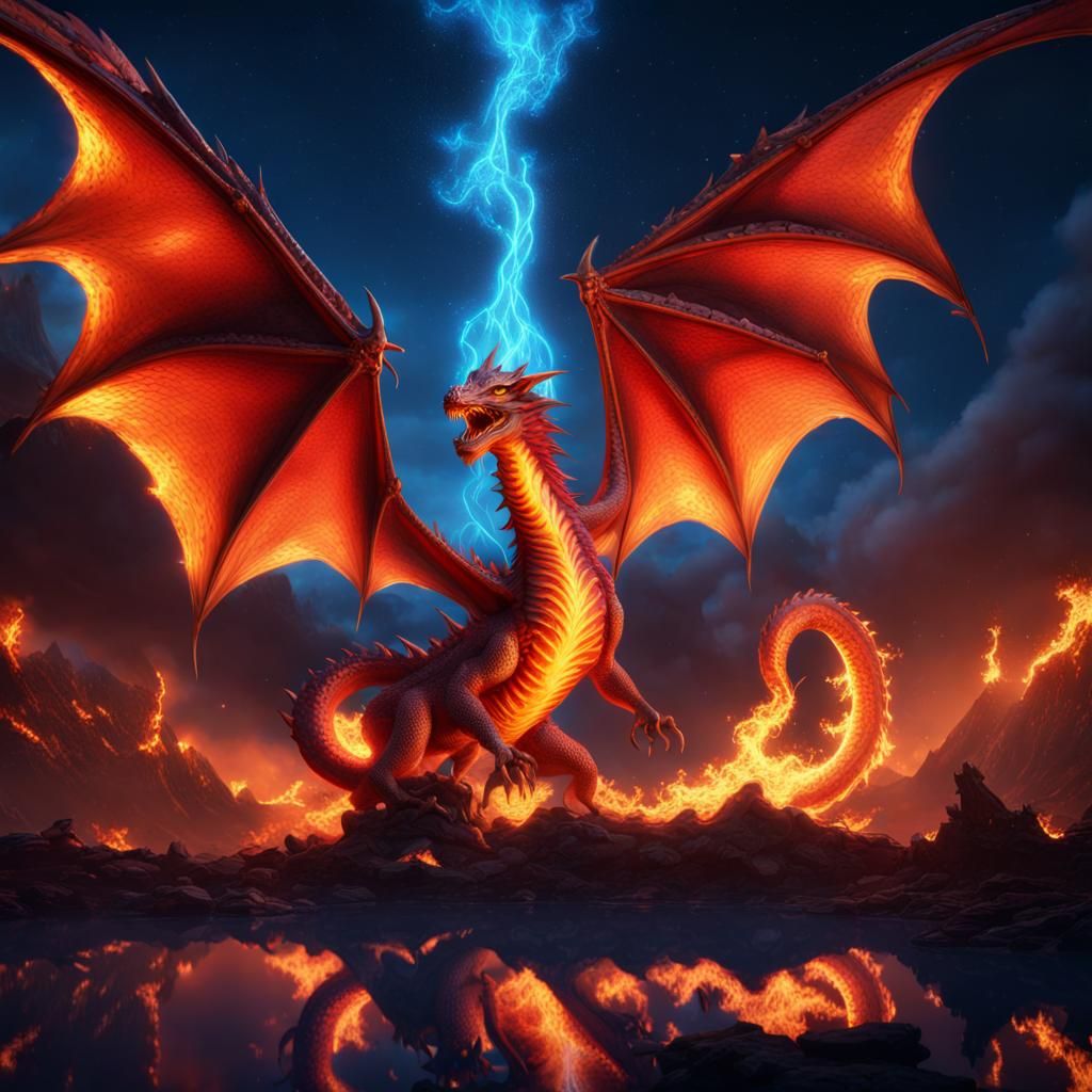 Fire Dragon Soaring in Starry Azure Sky
