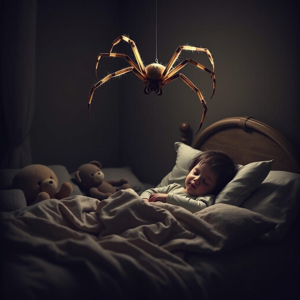 Whimsical Nightmare: Spider Floats Above Sleeping Child