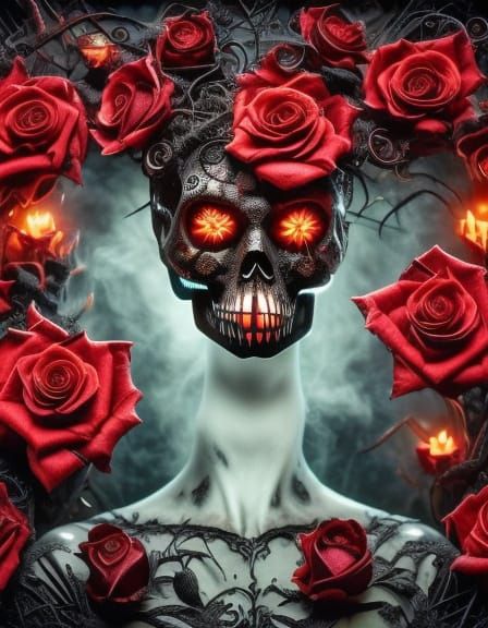 Creepy Halloween Spirit with Glowing Runes and Roses
