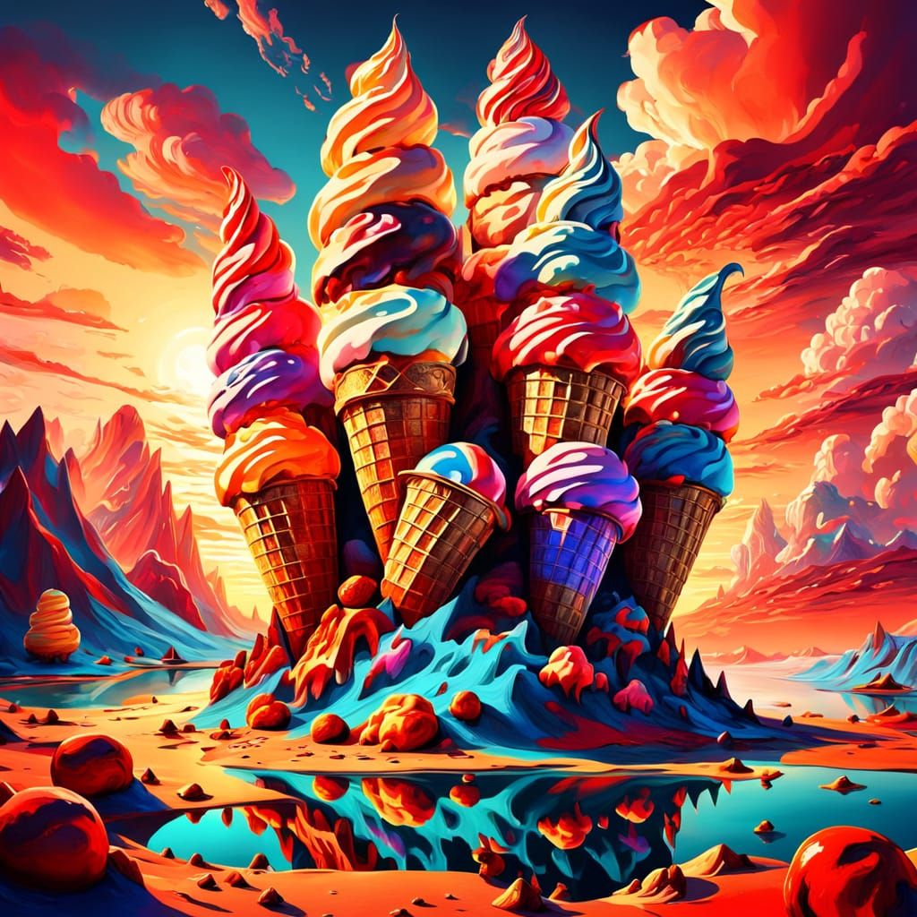 Surreal Landscape: Ice Cream Cones and Red Clouds