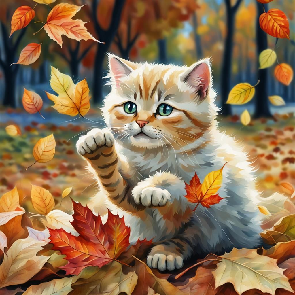 Blonde Cat Playing in Autumn Leaves: Watercolor