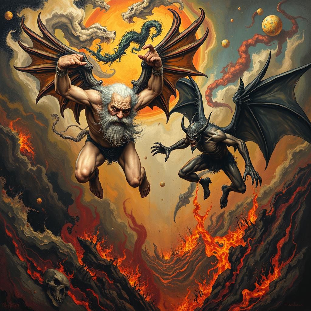 Wingless God and Satan's Mythological Combat