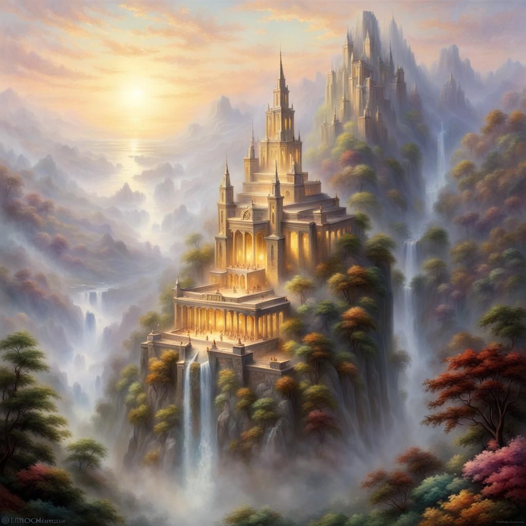 Ethereal Temple on Misty Mountaintop in Kinkade Style