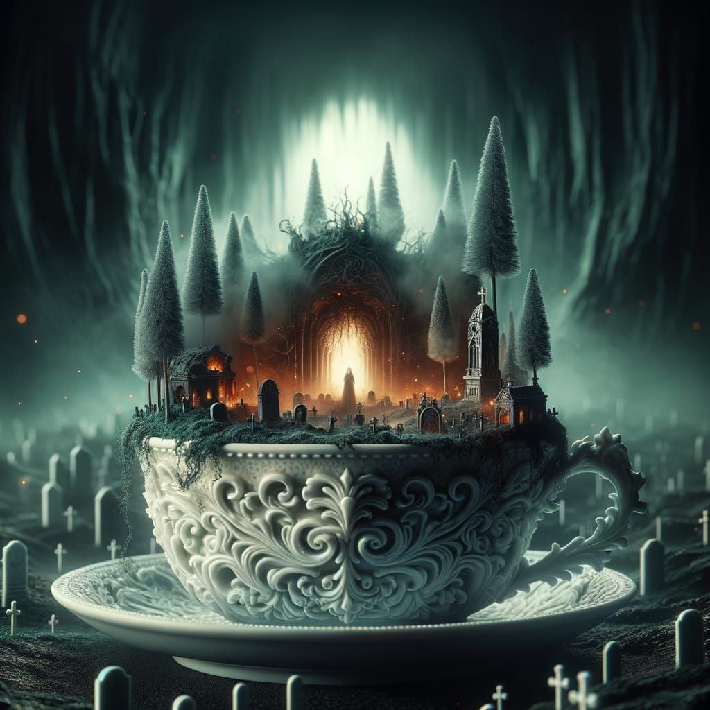 Haunting, Macro Porcelain Tea Cup with Miniature, Sinister F...