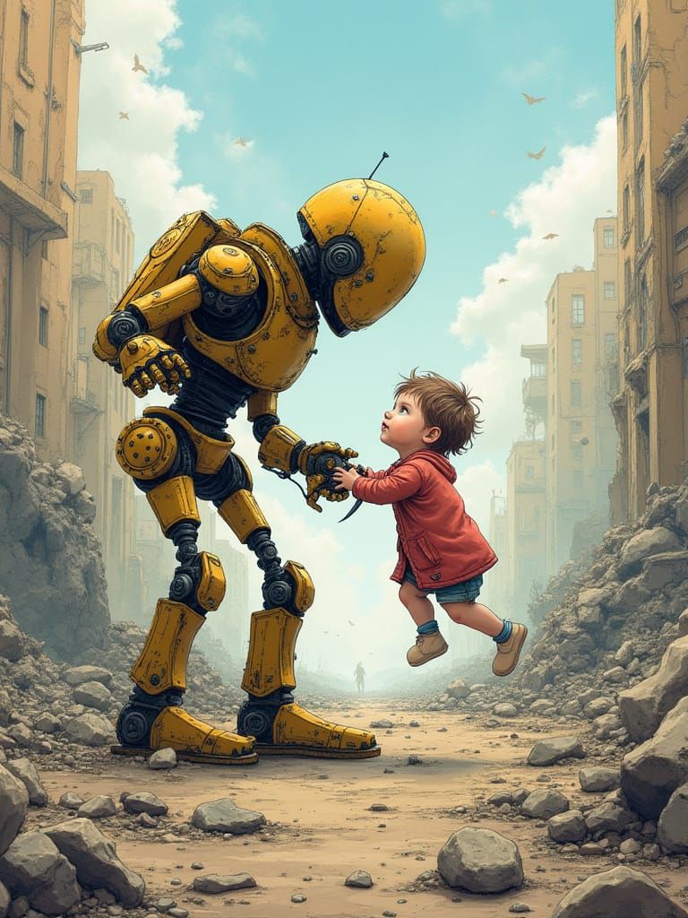 Robot Rescues Abandoned Baby in Post-Apocalyptic Ruins