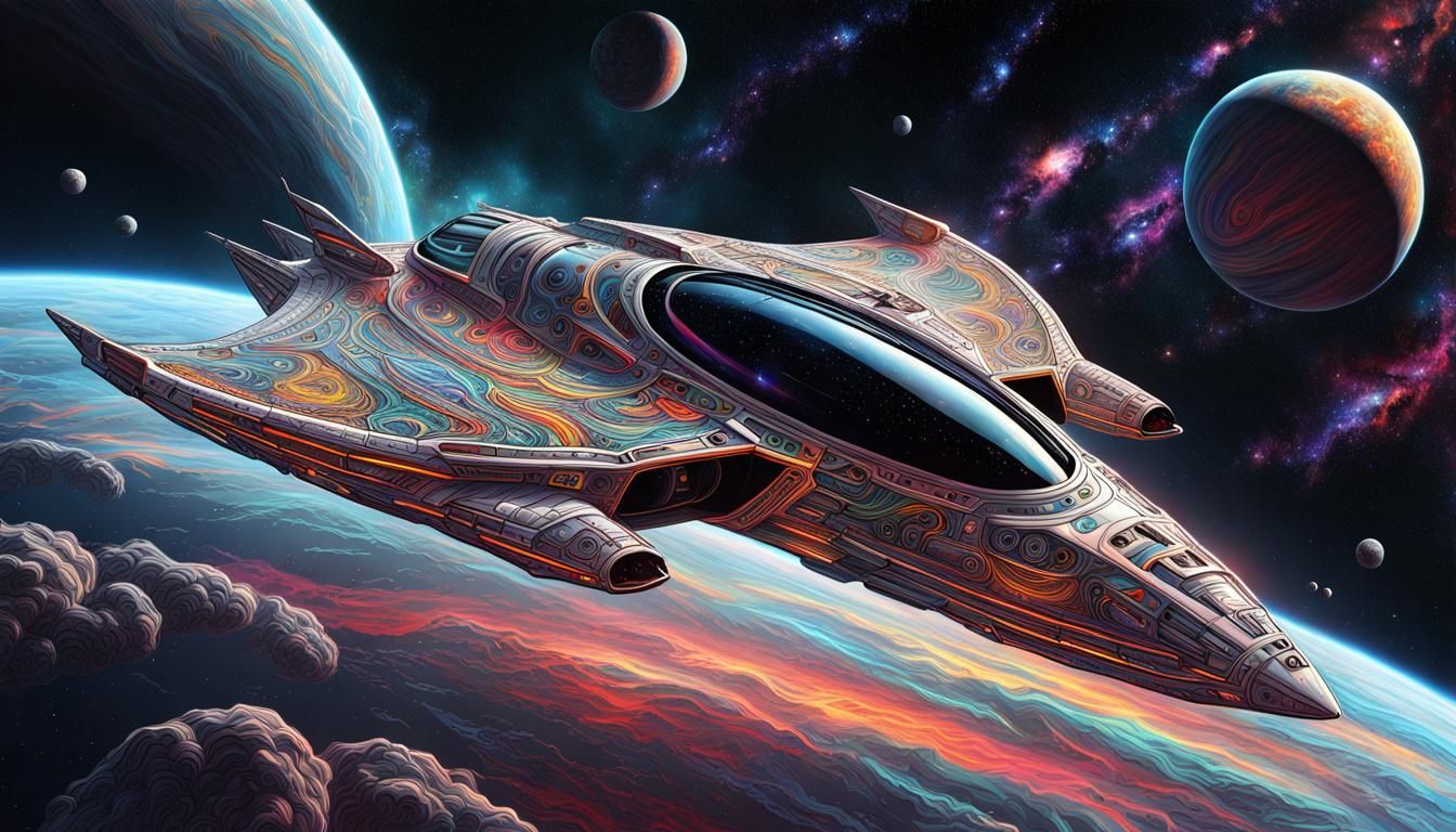 Colorful Futuristic Starship in Nebula with Intricate Patter...