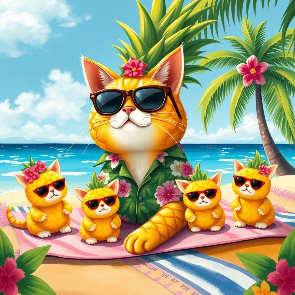 mama pineapple cat and her pineapple kittens in the style of dole