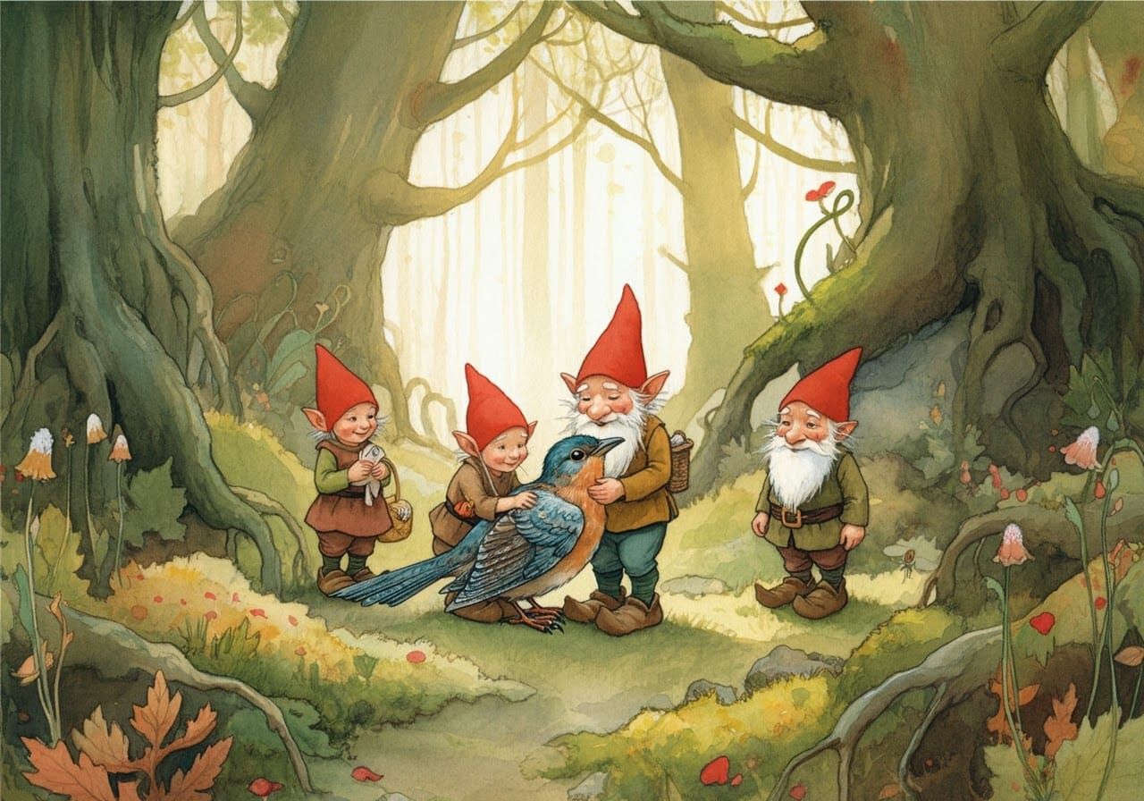 Gnomes Heal Bird: Storybook Watercolor Illustration
