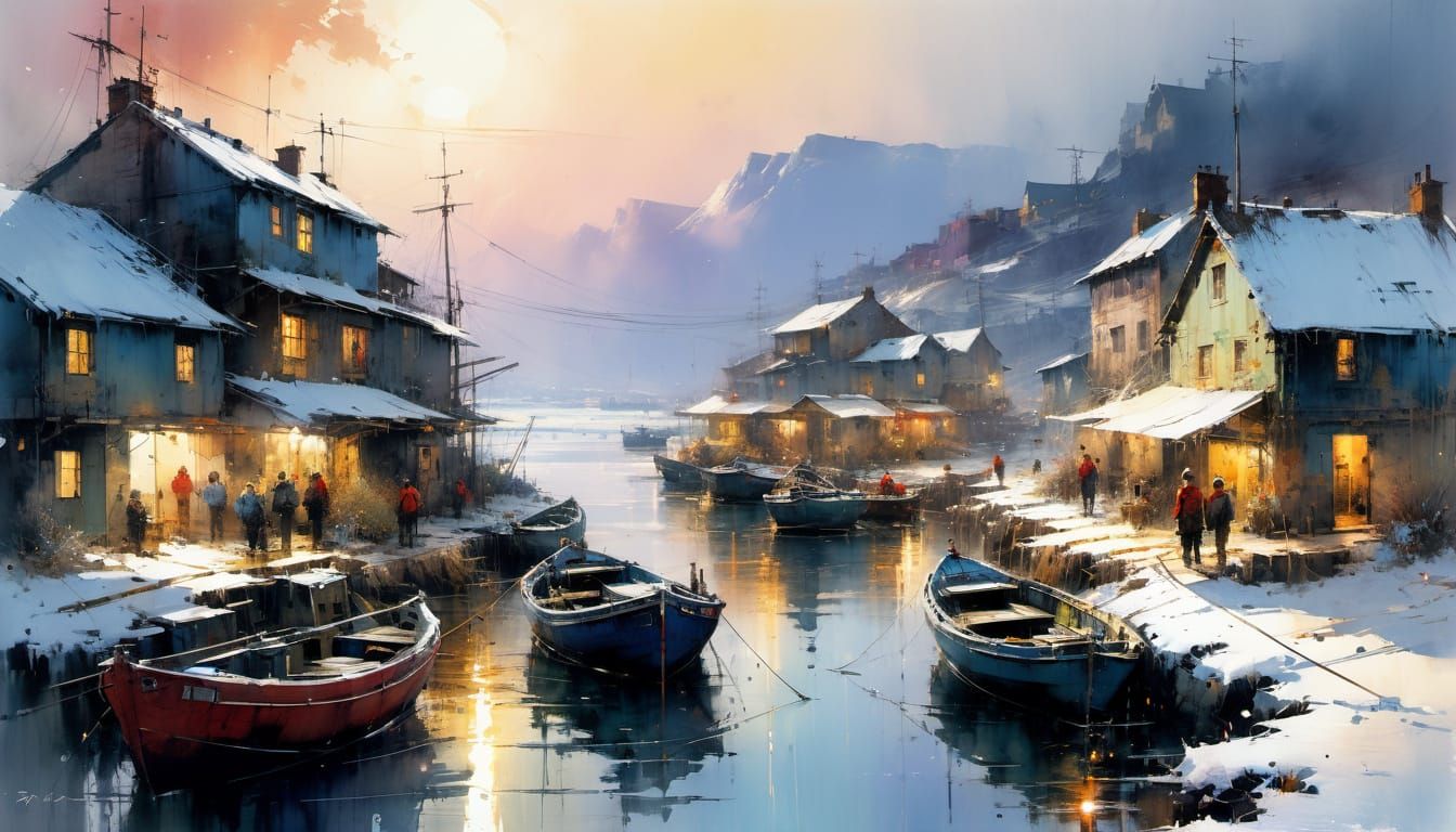 Winter Fishing Village Sunrise: Detailed Watercolor Painting