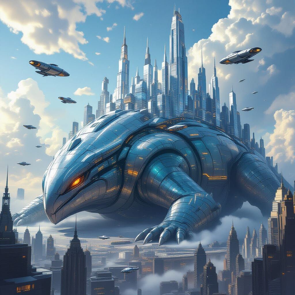 Futuristic City on Colossal Creature: Steampunk Concept Art
