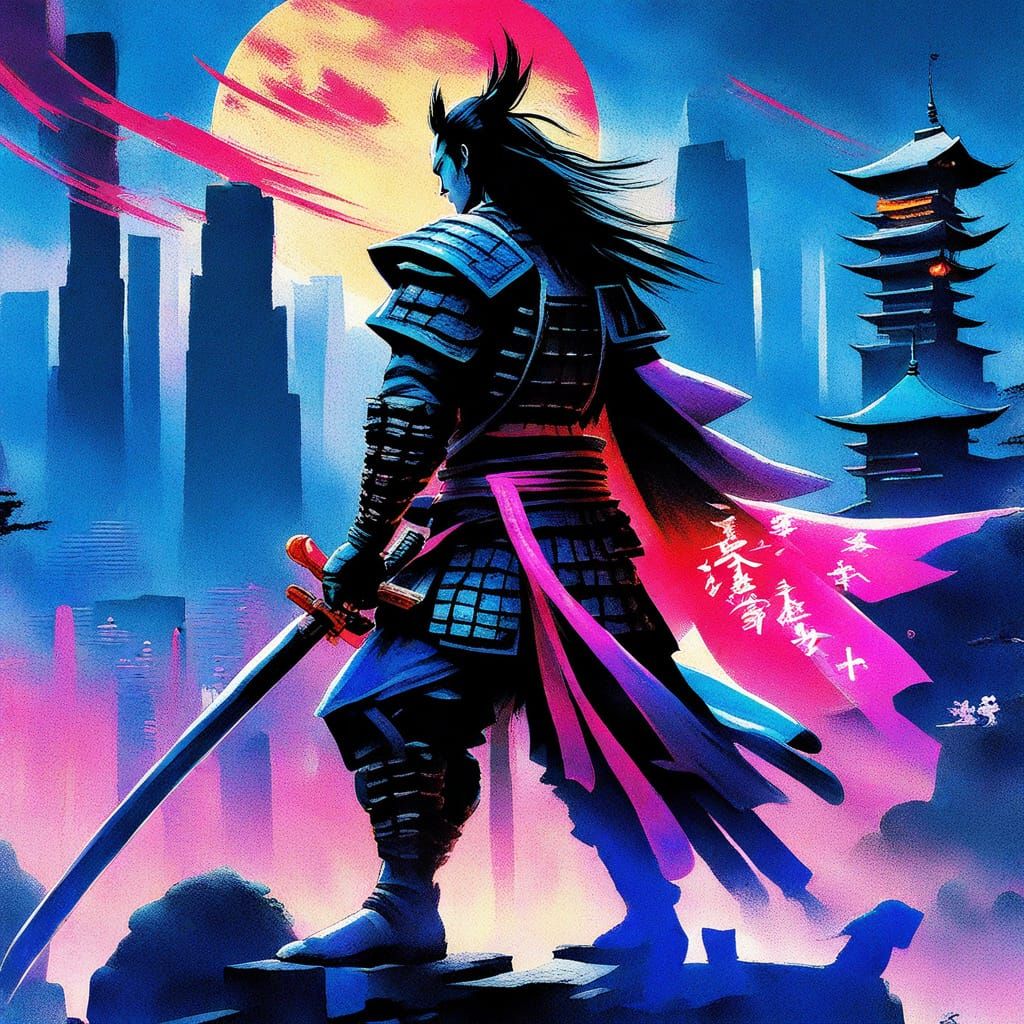 Samurai Moonshine: Rough Brush Stroke Digital Painting