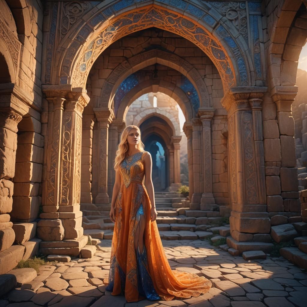 Blonde Girl in Mystical Archway: Fantasy Art
