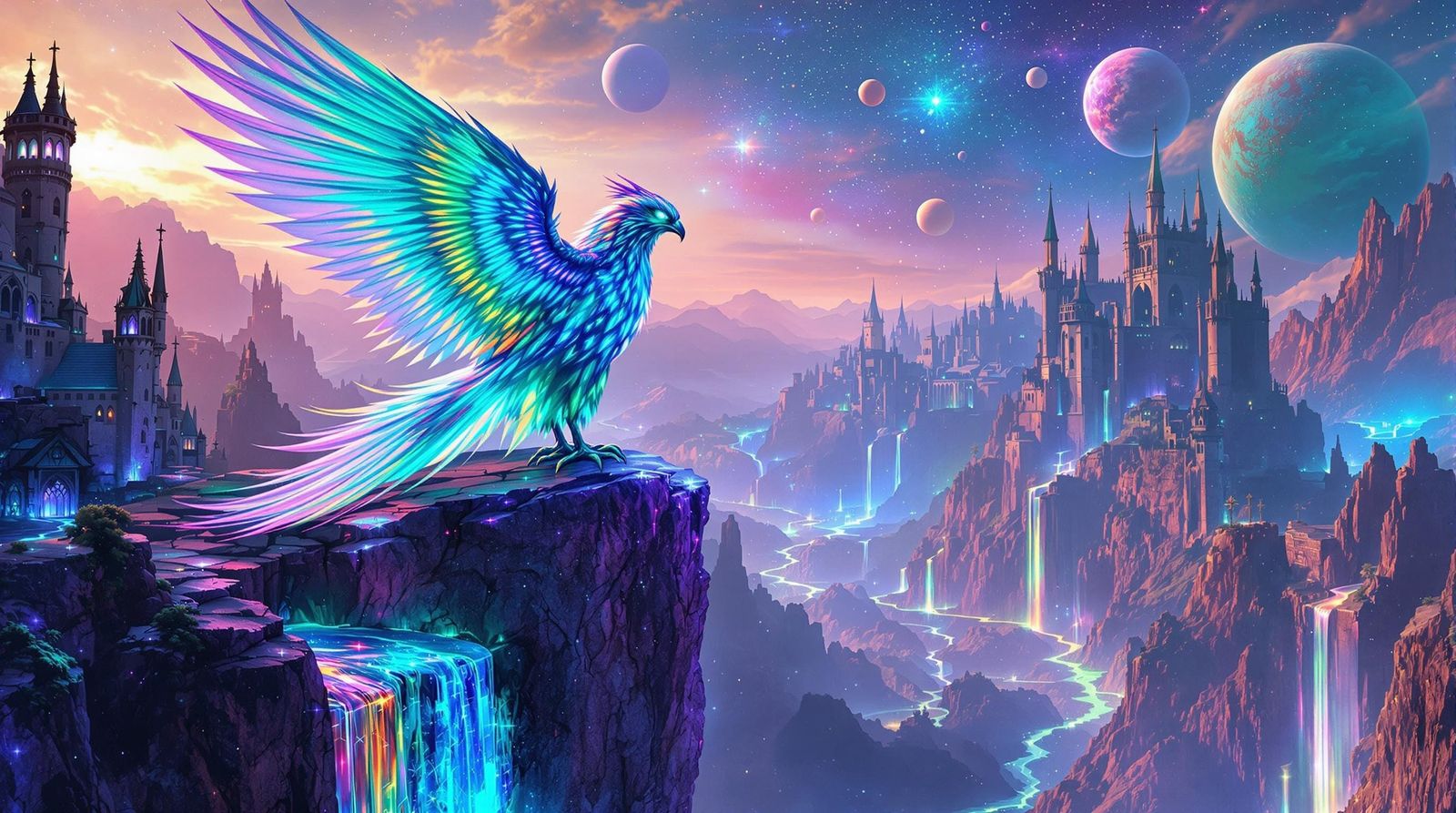 Glowing Falcon on Crystal Cliff in Sci-Fi Landscape