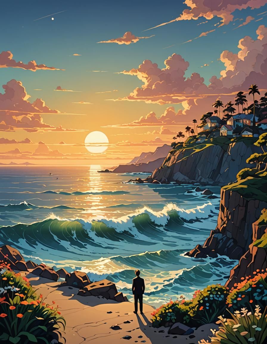 Utopian Seascape Caricature with Overlapping Elements