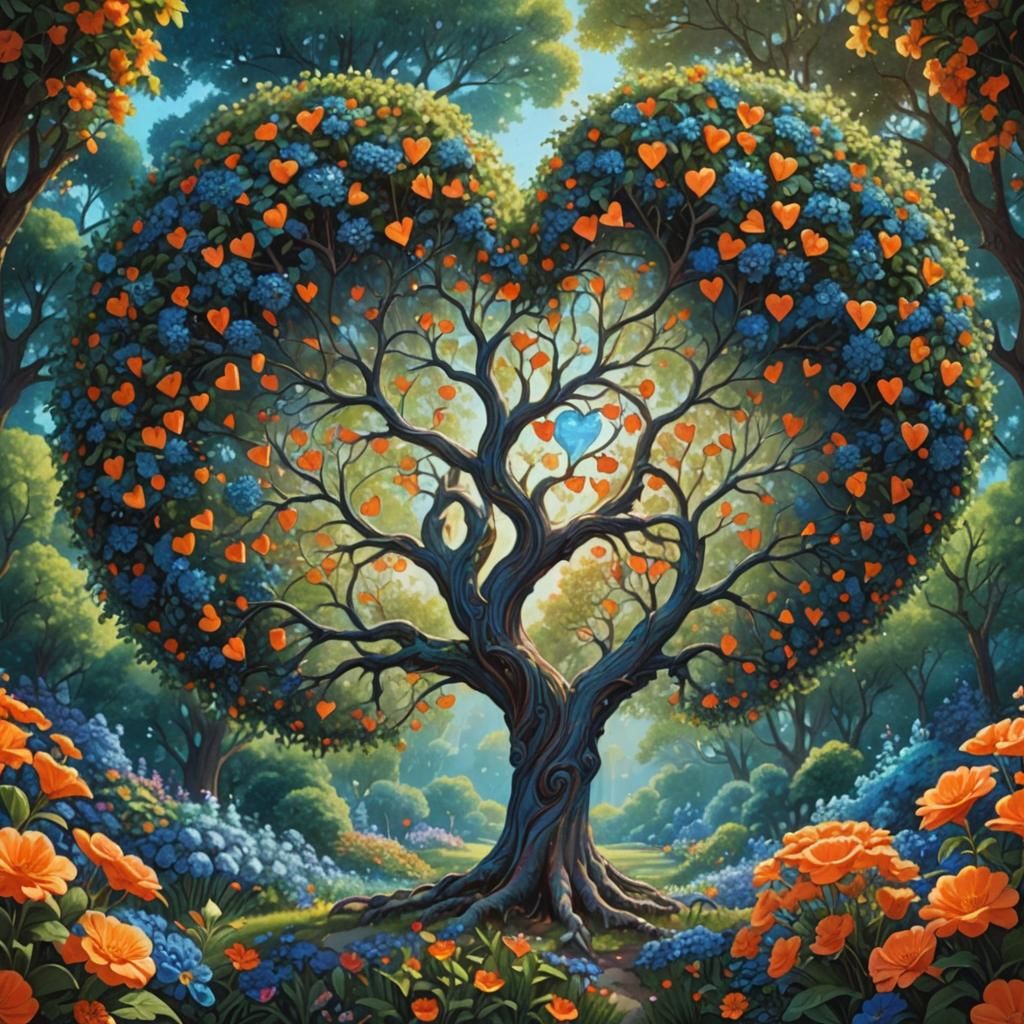 Heart-Shaped Tree in Fantasy Dotwork Garden