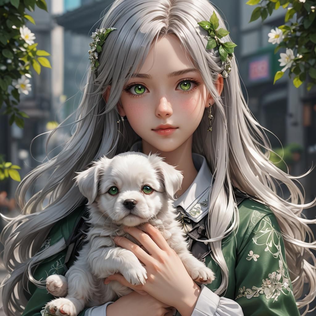 Anime Style Girl with Puppy Digital Art