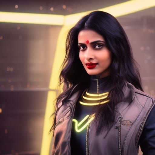 Beautiful Indian Girl in Cyberpunk Neon City