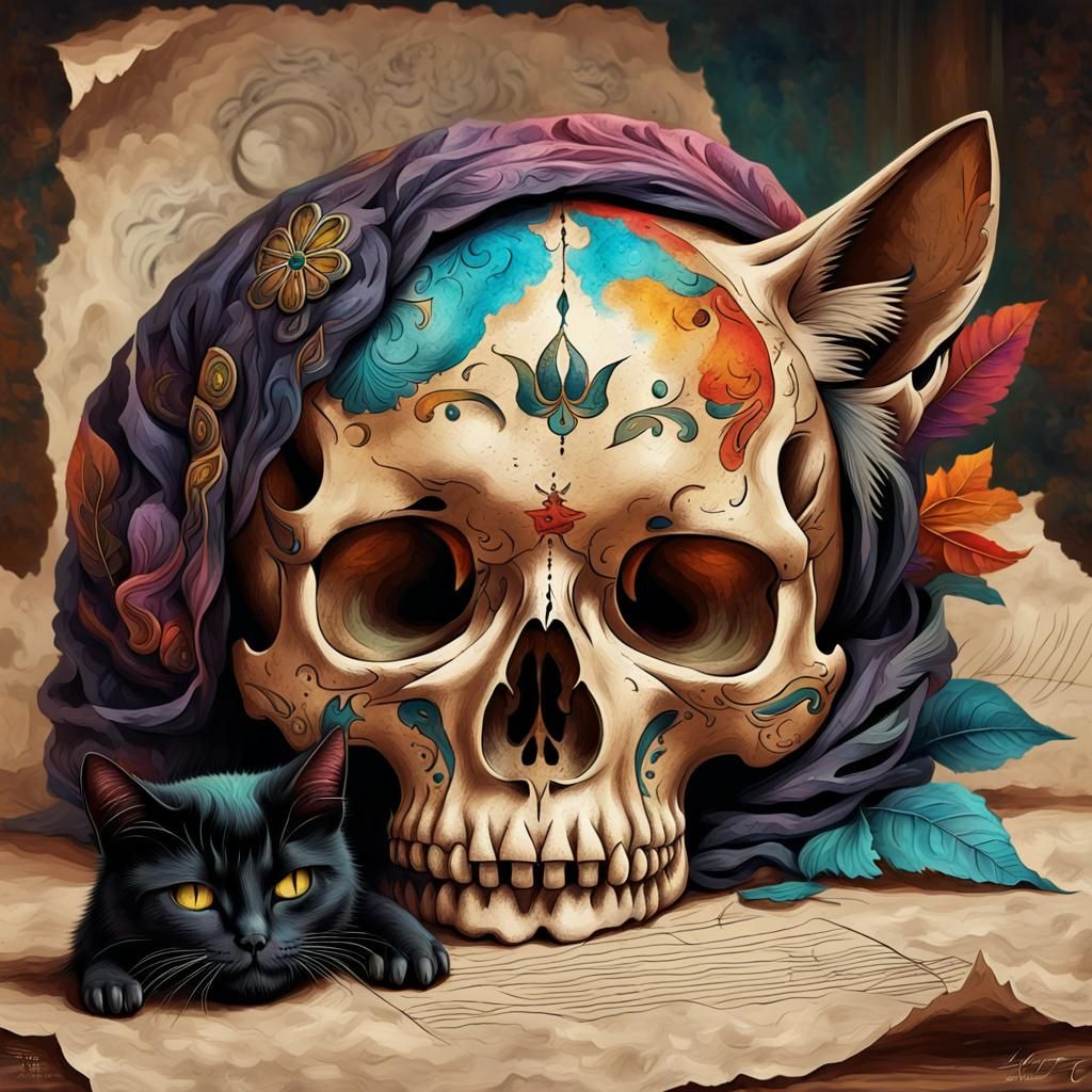 Humanoid cat skull with a black cat