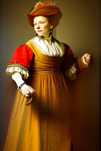 Redhead in Folk Dress on Dragon, Rembrandt Style