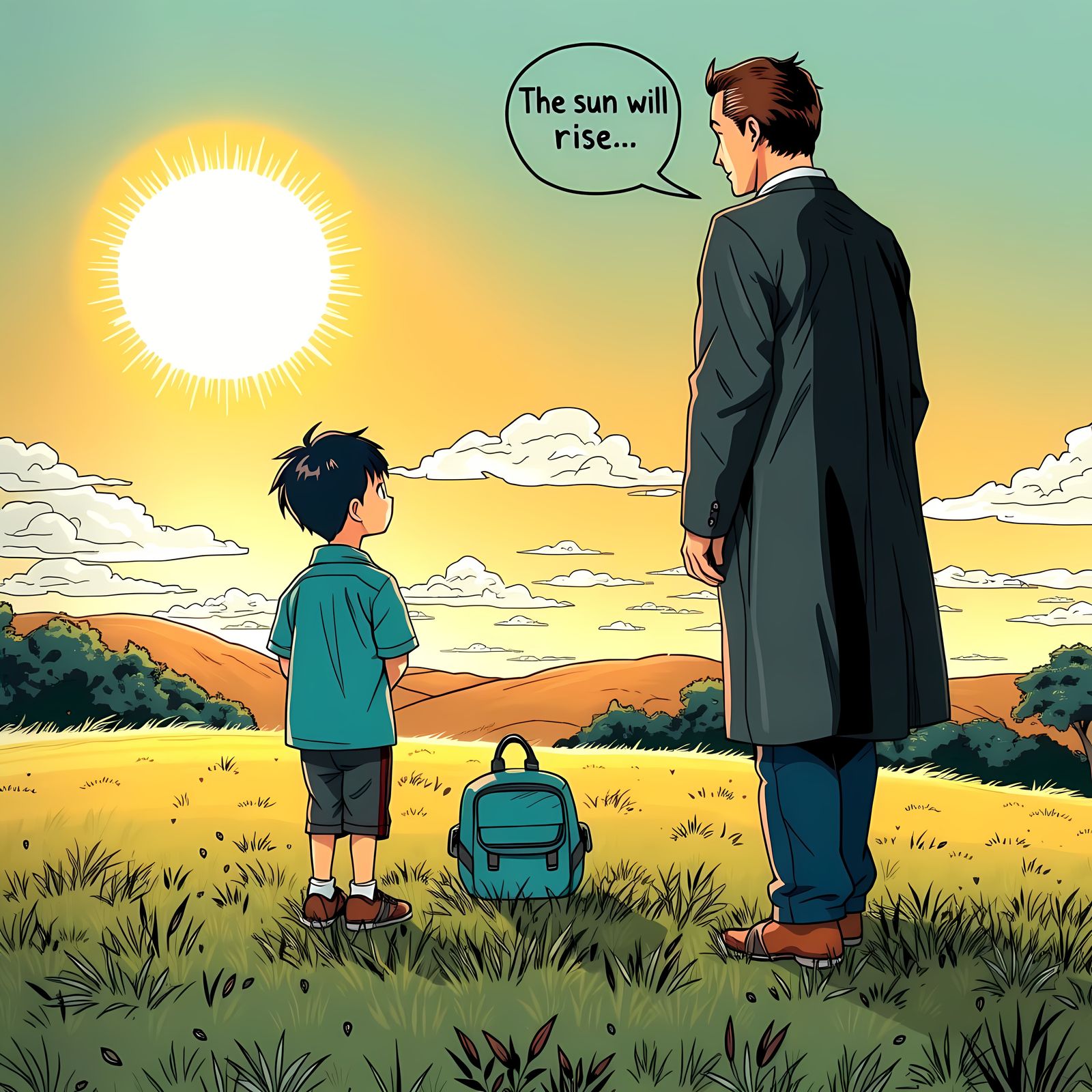 Boy and Father Watch Sunset on a Grassy Hill in a Muted 1990...