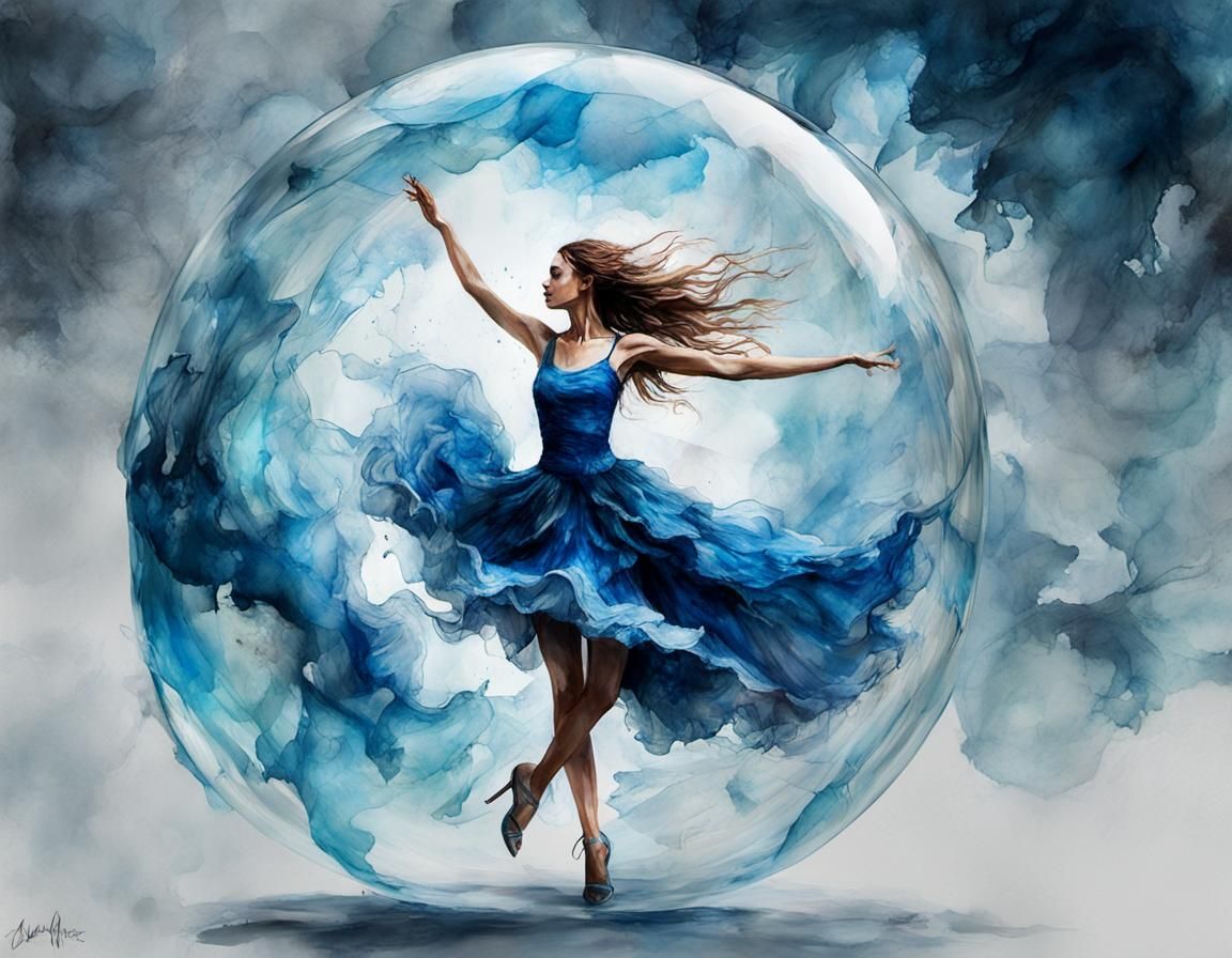 Salsa Dancer in Glass Bubble, Watercolor and Ink