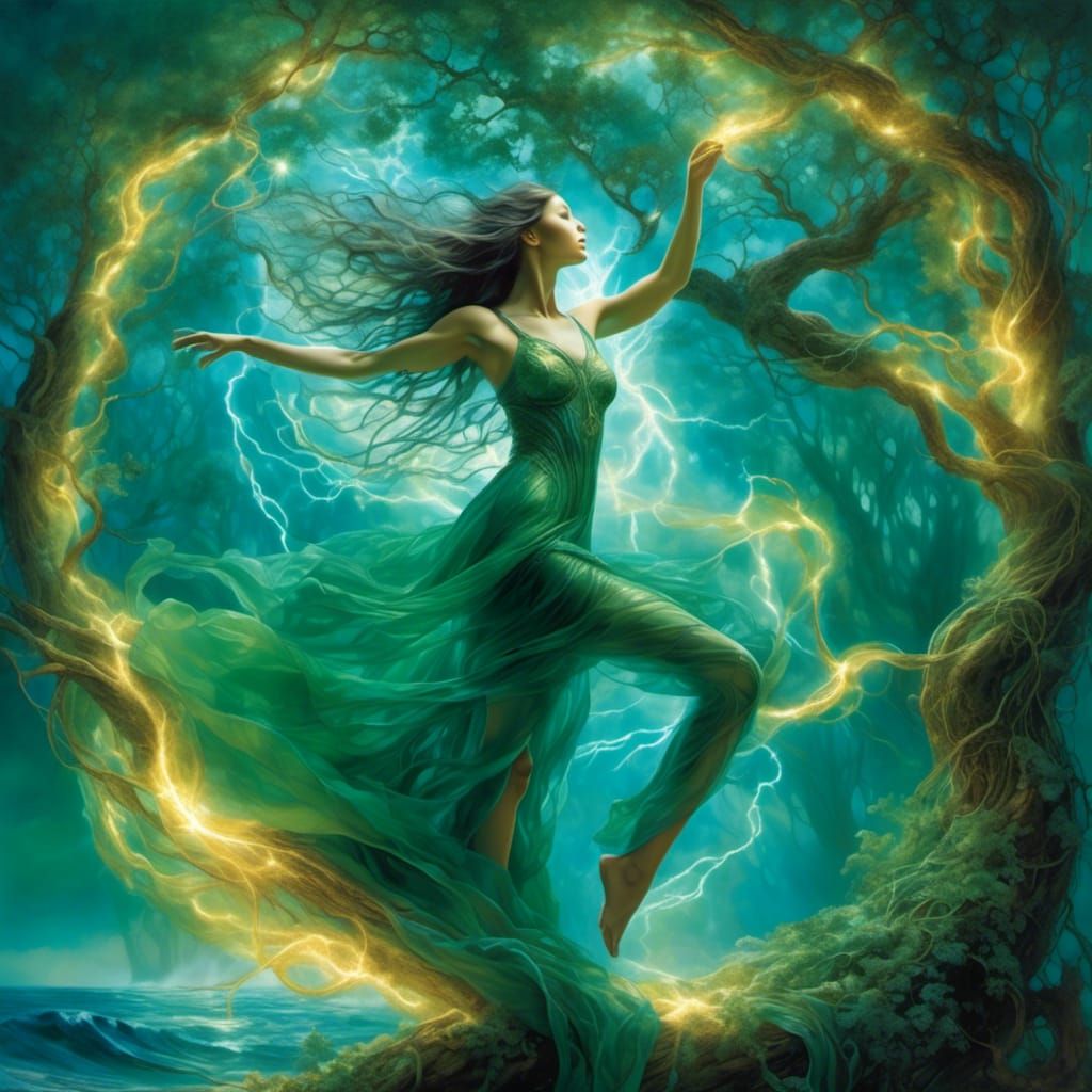 Ethereal Woman Controls Lightning and Fire
