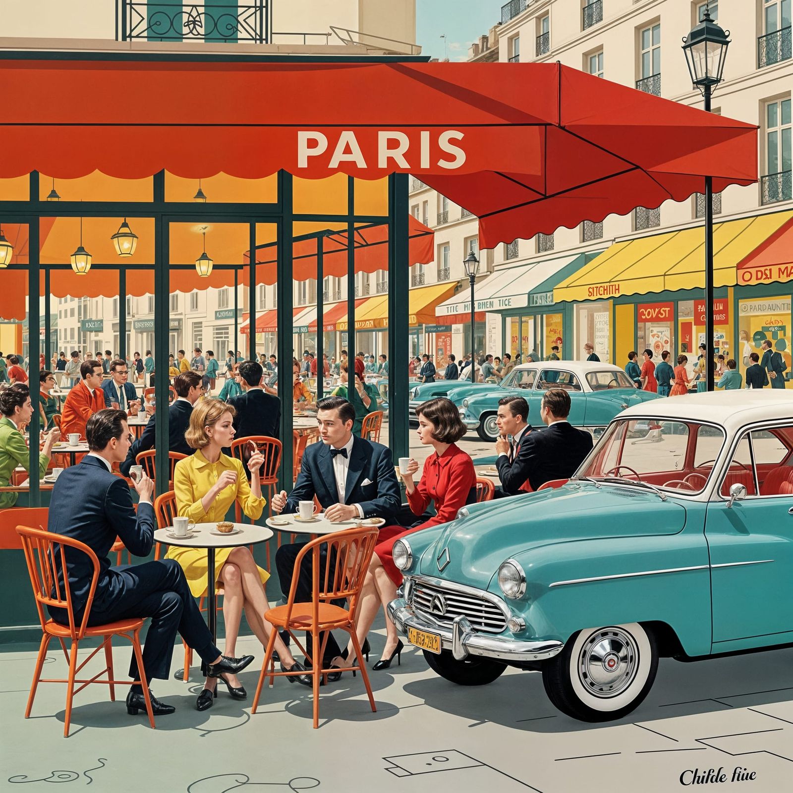 1960s Parisian Cafe Scene in Mid-Century Illustration Style