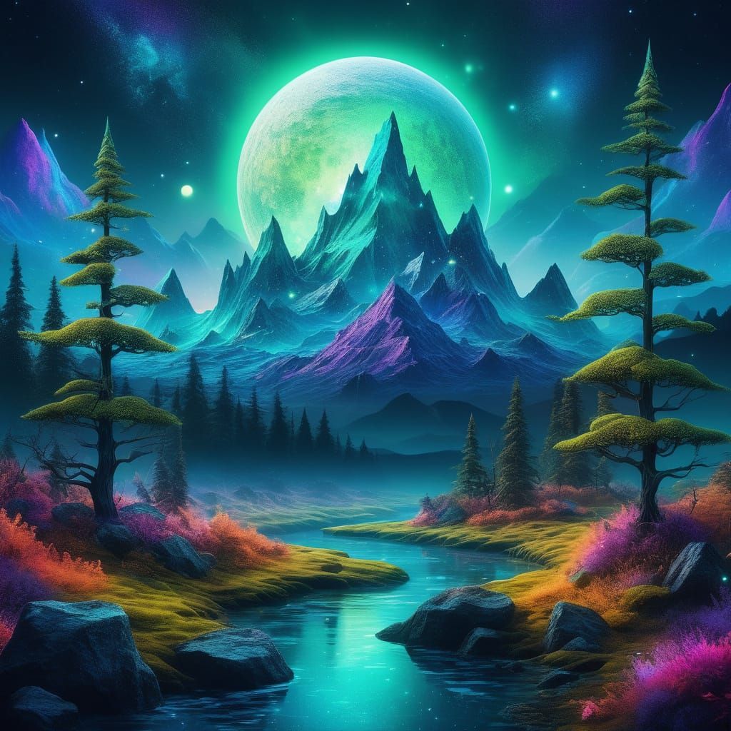 Enchanted Nighttime Fantasy Planet in Vibrant 3D Style
