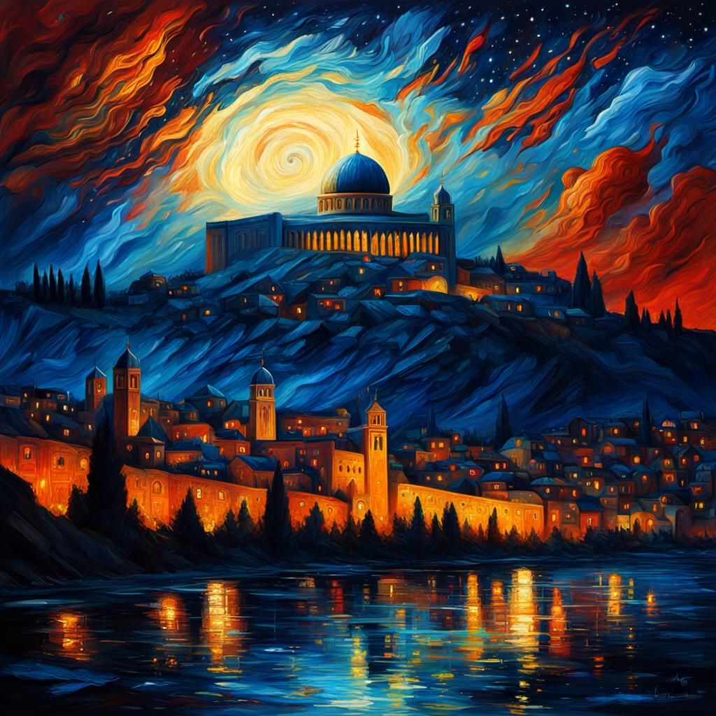 Jerusalem Under Starry Sky: Abstract Oil Painting