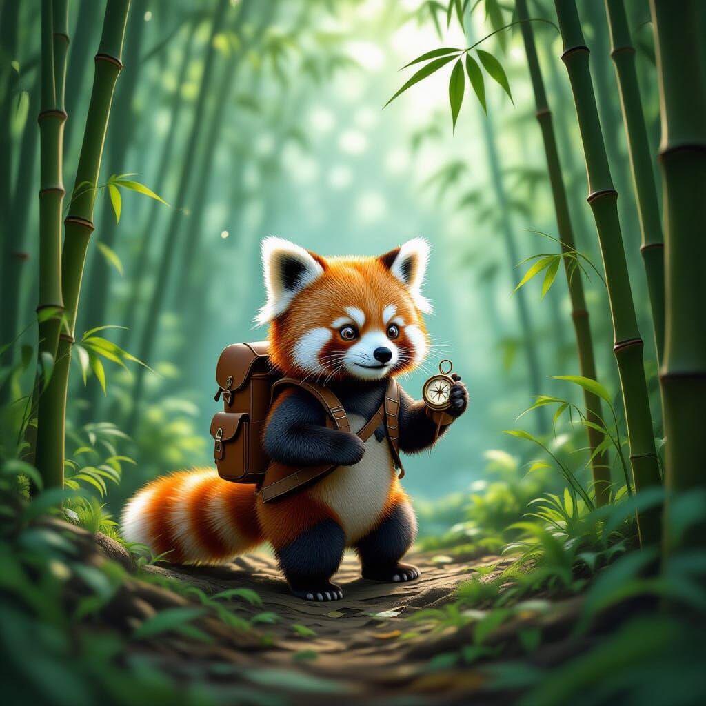 Red Panda Explorer in Misty Bamboo Jungle