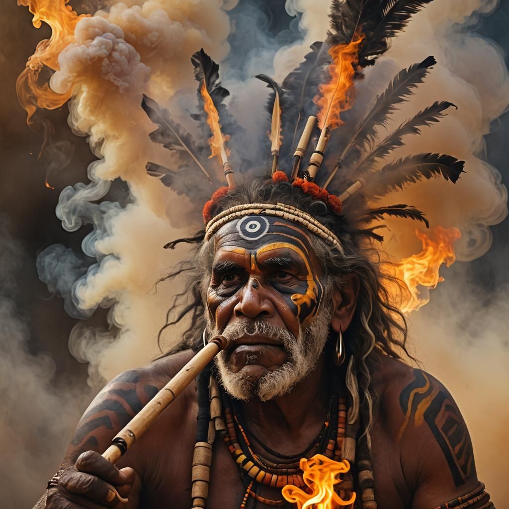 Aboriginal Elder Plays Didgeridoo in Concept Art Portrait