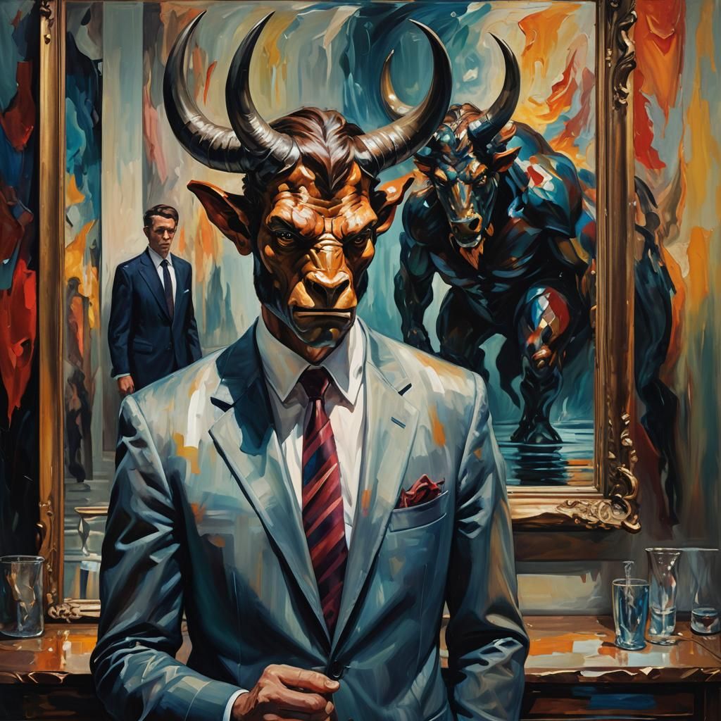 Surreal Minotaur Reflection in Oil Painting Style