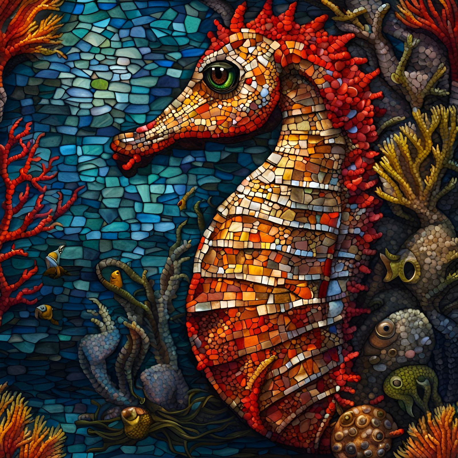 Underwater Seahorse Mosaic in Stained Glass Style