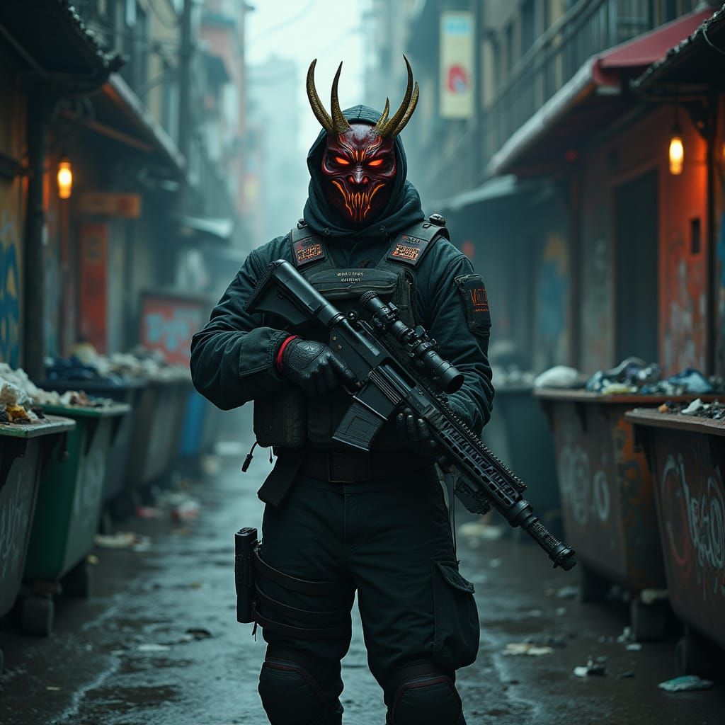 Modern Warrior in Oni Mask, Ready to Strike