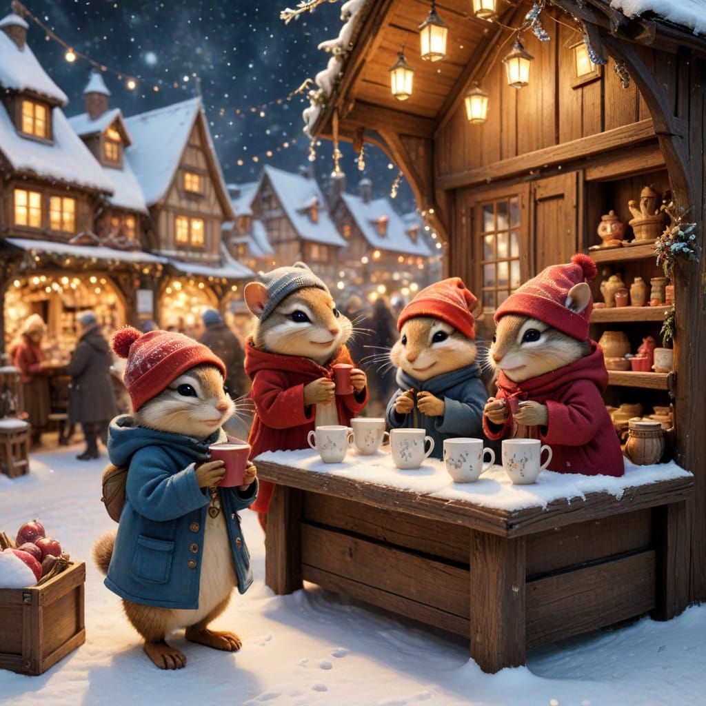 Whimsical Winter Scene of Chipmunks at Strasbourg Christmas...