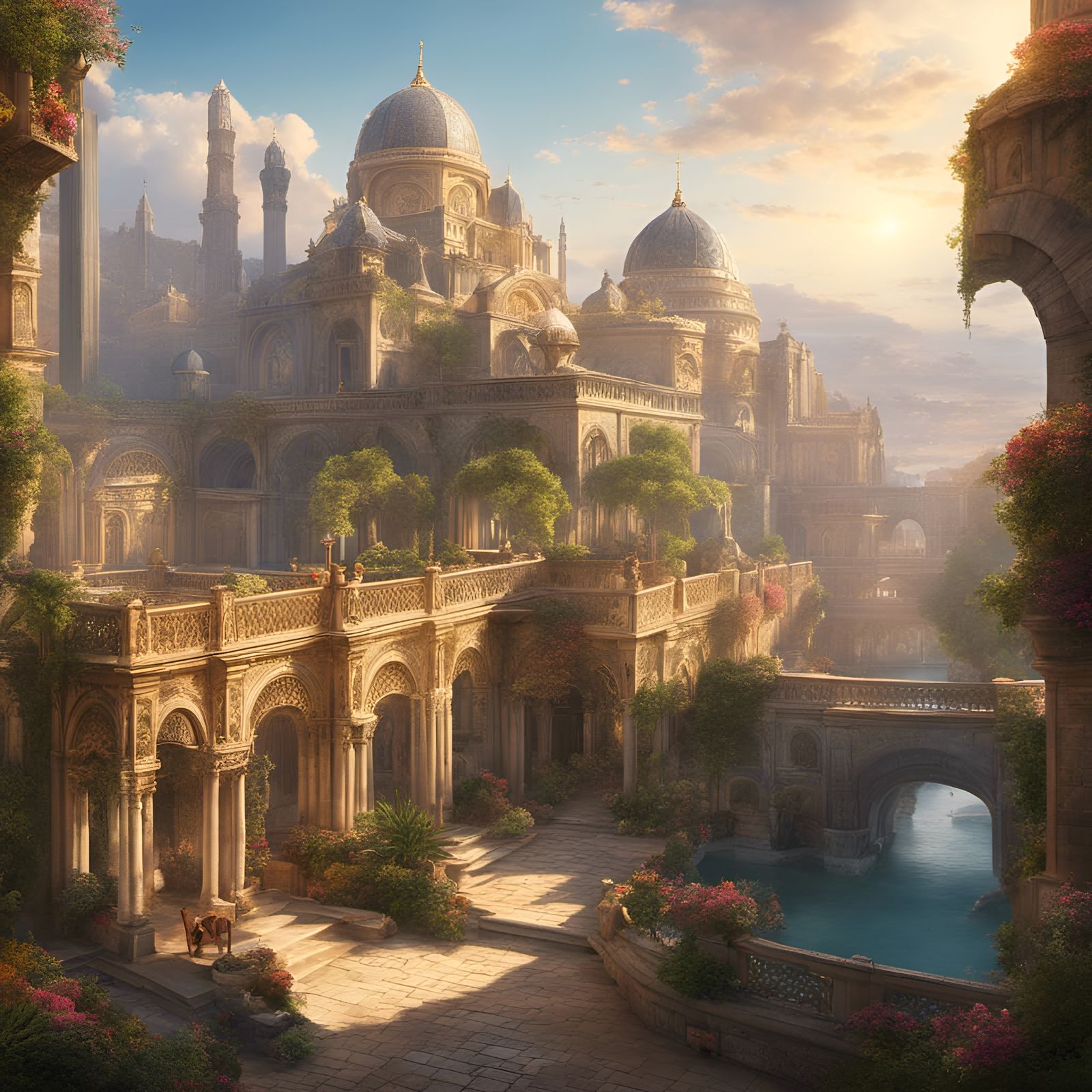 Magnificent Palace in Medieval City as Watercolor Painting