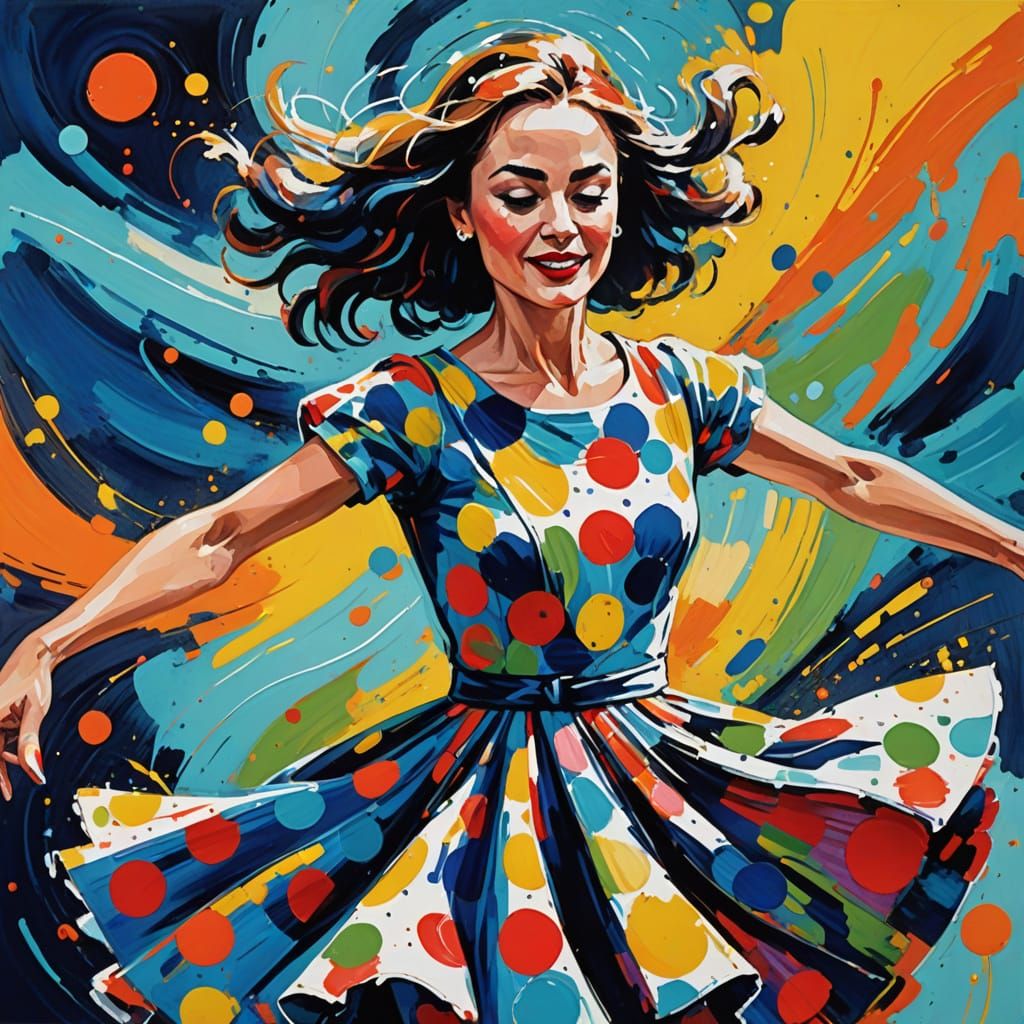 Expressive Gouache Painting of Dancer in Polka Dots