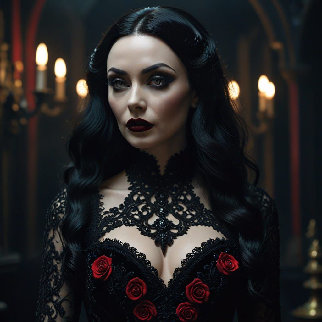Elegant Gothic Portrait of Morticia Addams in Black Gown