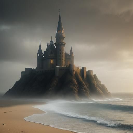 Detailed Sandcastle on Beach in Hyper-Realistic Digital Art