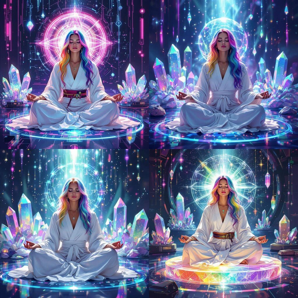 Rainbow-Haired Reiki Master Meditating in Futuristic Studio