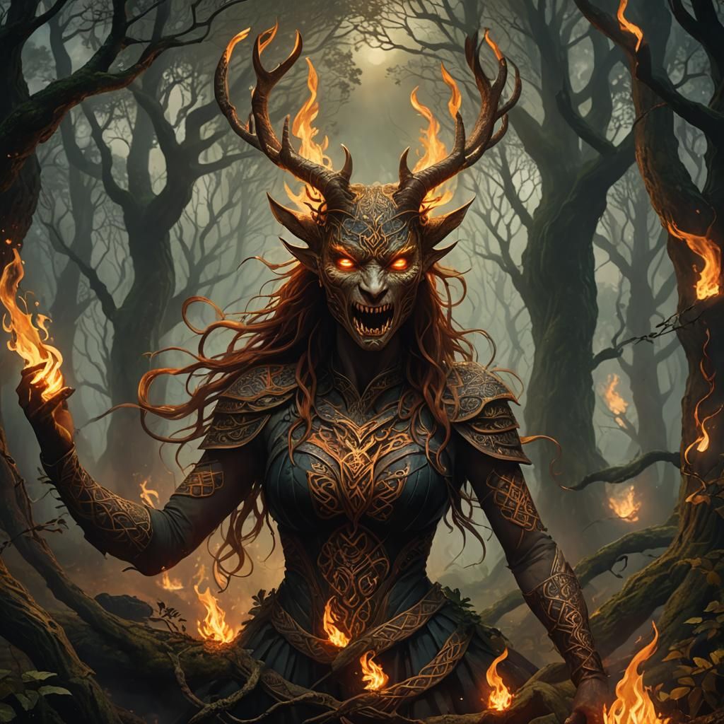 Fiery Celtic Serpent in Misty Forest: Dark Fantasy Art