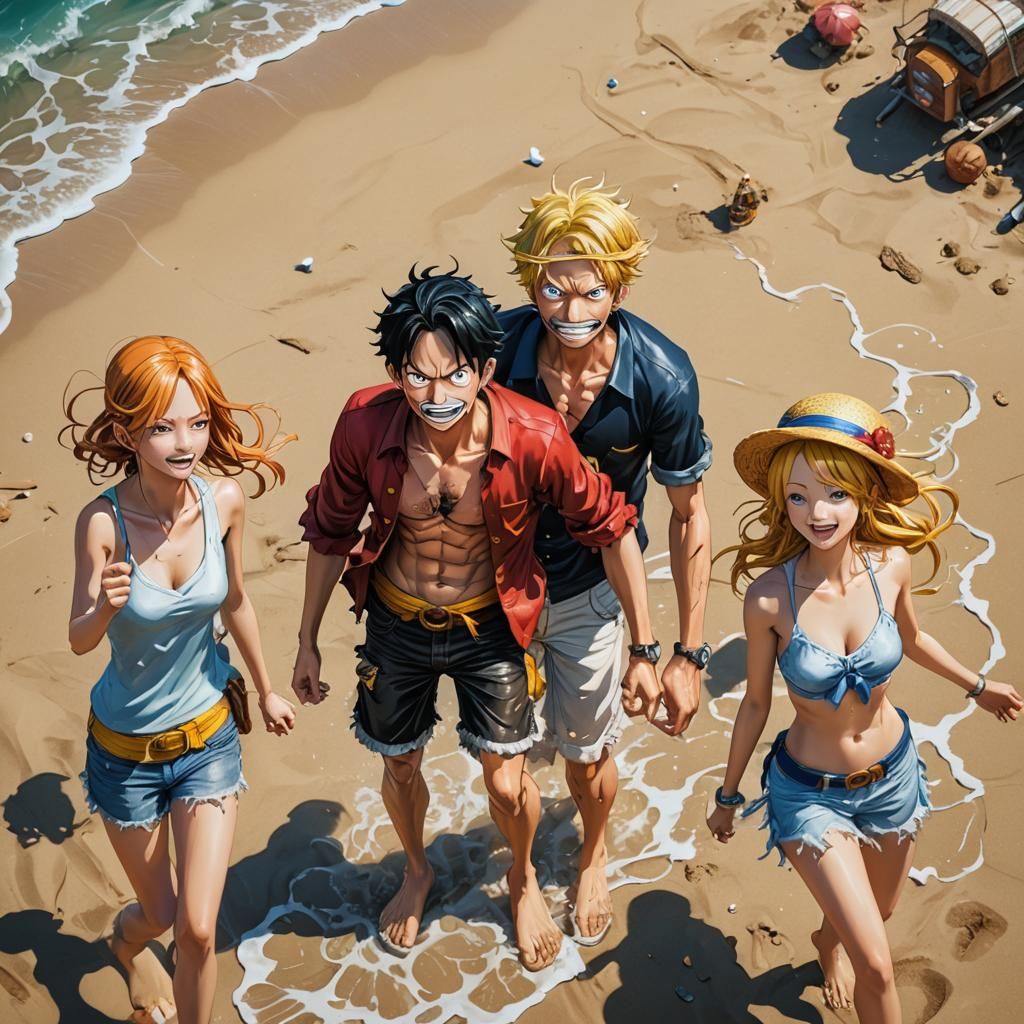 Luffy, Sanji, and Nami at the Beach